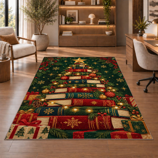 Book Christmas Tree rug in a home office with wooden shelves
