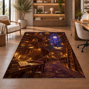 Magical Library rug in a home office with wooden shelves