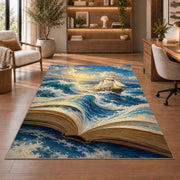 Book Pages Become the Sea rug in a home office with wooden shelves