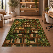 Ivy Covered Bookshelf rug in a home office with wooden shelves