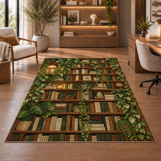 Ivy Covered Bookshelf rug in a home office with wooden shelves