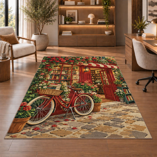 Bicycle at the Bookshop rug in a home office with wooden shelves