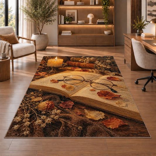 Reading Glasses and Candlelight rug in a home office with wooden shelves