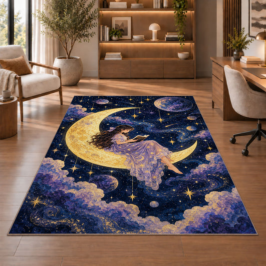 Reading on the Moon rug in a home office with wooden shelves