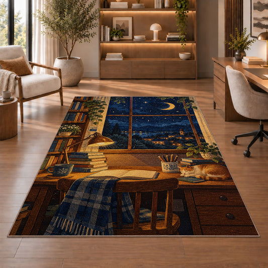 Starry Night Study Desk rug in a home office with wooden shelves