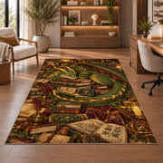 Dragon Guarding Books rug in a home office with wooden shelves
