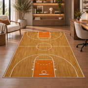 Basketball Court Top View rug in a home office with wooden shelves