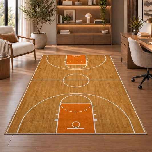 Basketball Court Top View rug in a home office with wooden shelves