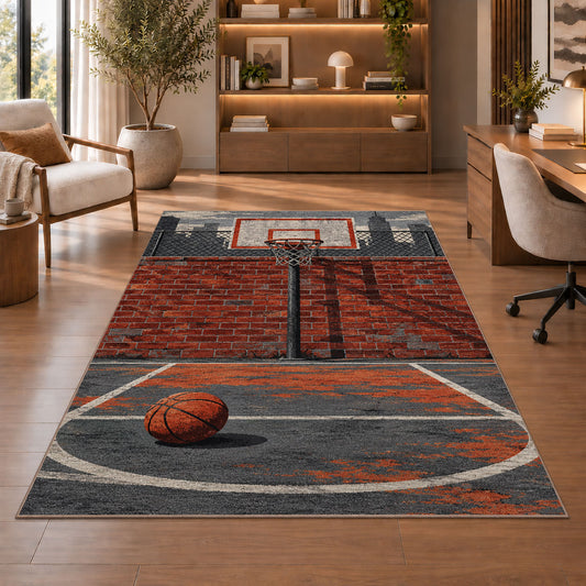 Streetball Chain Net Court rug in a home office with wooden shelves