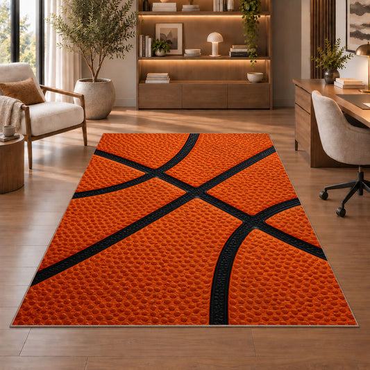 Basketball Texture Close-Up rug in a home office with wooden shelves