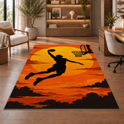 Slam Dunk Sunset Silhouette rug in a home office with wooden shelves