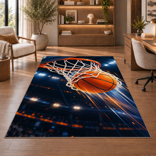 Swish Arena Lights rug in a home office with wooden shelves