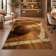 Vintage Leather Basketball rug in a home office with wooden shelves