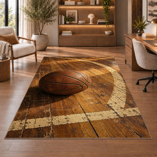 Vintage Leather Basketball rug in a home office with wooden shelves