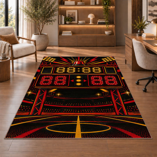 Retro Scoreboard rug in a home office with wooden shelves