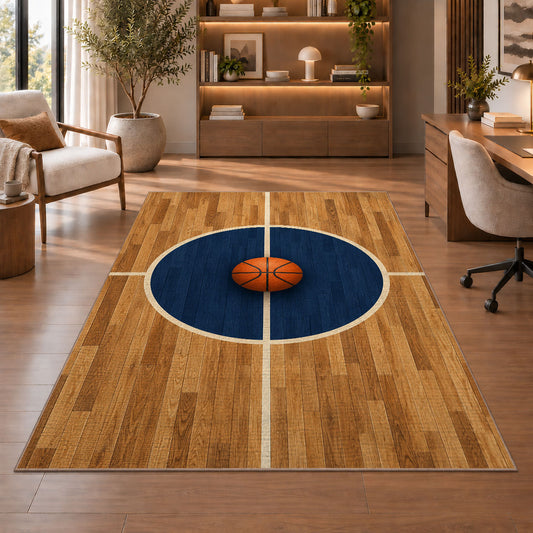 Center Court Circle rug in a home office with wooden shelves
