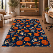 Basketball Icons Pattern rug in a home office with wooden shelves