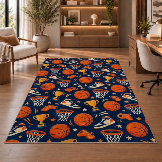 Basketball Icons Pattern rug in a home office with wooden shelves