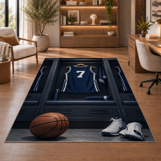 Locker Room Jersey Number 7 rug in a home office with wooden shelves