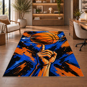 Spinning Ball on Finger rug in a home office with wooden shelves