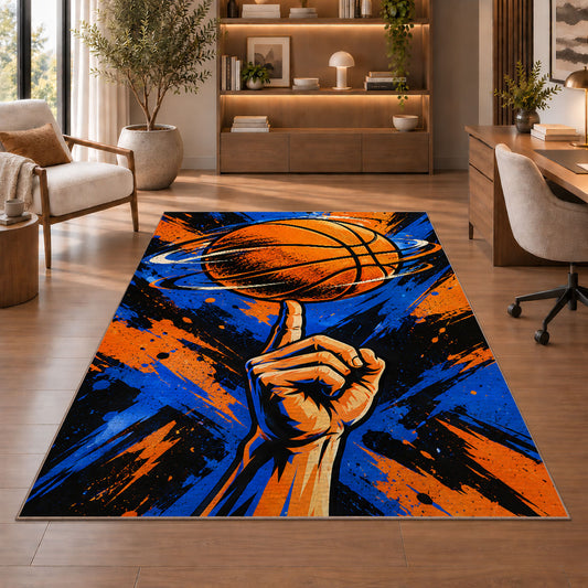 Spinning Ball on Finger rug in a home office with wooden shelves