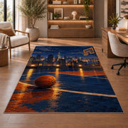 Rooftop Court City Night rug in a home office with wooden shelves