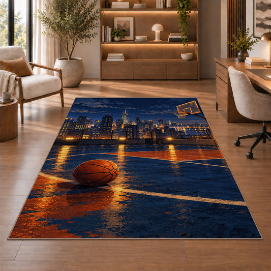 Rooftop Court City Night rug in a home office with wooden shelves