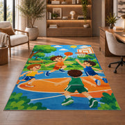 Kids Playing Basketball rug in a home office with wooden shelves