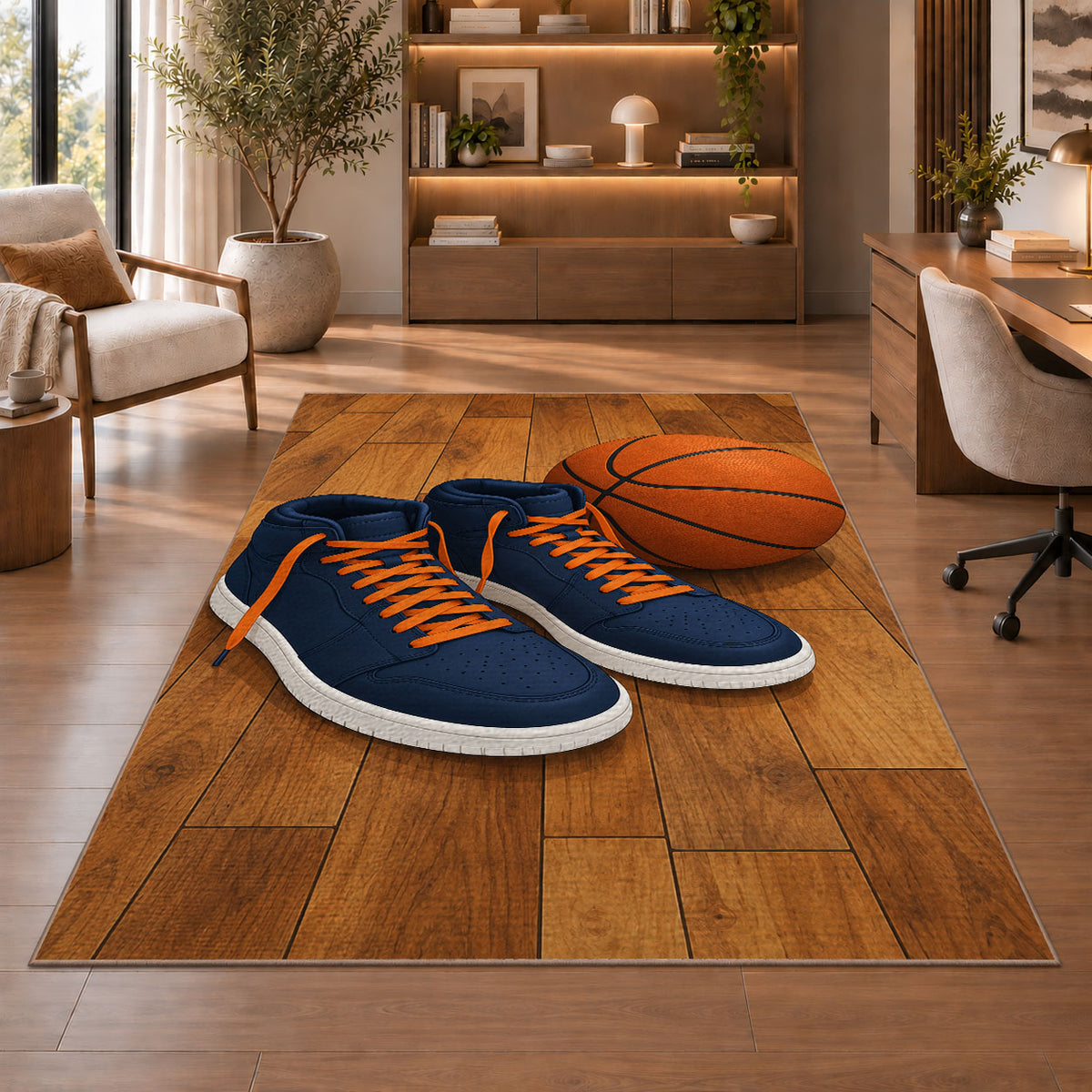 High-Top Sneakers and Ball rug in a home office with wooden shelves