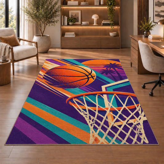 Retro 80s Hoops Poster rug in a home office with wooden shelves