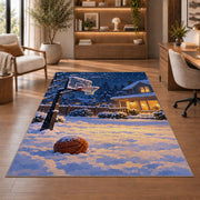 Snowy Backyard Hoop rug in a home office with wooden shelves