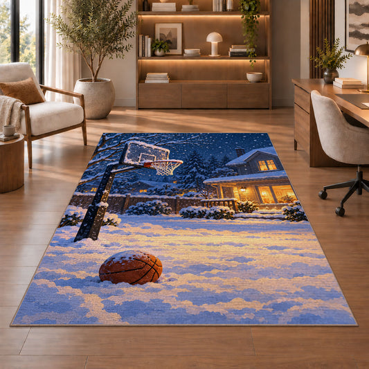Snowy Backyard Hoop rug in a home office with wooden shelves