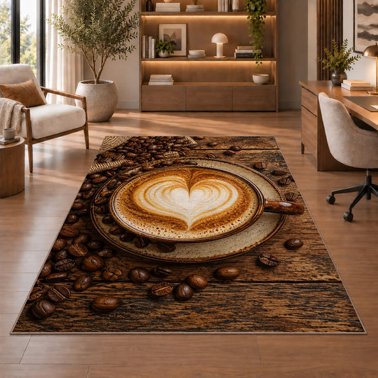 Latte Art Heart Cappuccino rug in a home office with wooden shelves