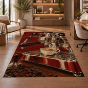 Vintage Espresso Machine rug in a home office with wooden shelves