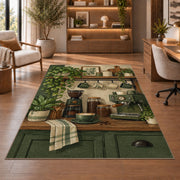 Cozy Coffee Bar Nook rug in a home office with wooden shelves