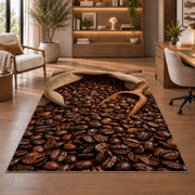 Burlap Sack of Coffee Beans rug in a home office with wooden shelves