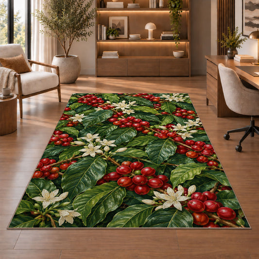 Coffee Cherry Branches rug in a home office with wooden shelves
