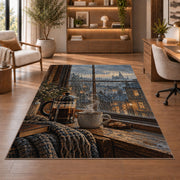 French Press Rainy Window rug in a home office with wooden shelves