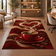 Coffee Steam Heart rug in a home office with wooden shelves