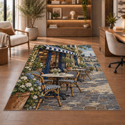 Parisian Sidewalk Cafe rug in a home office with wooden shelves