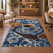 Blue Willow Coffee Cup rug in a home office with wooden shelves