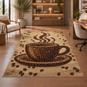 Coffee Bean Cup Art rug in a home office with wooden shelves