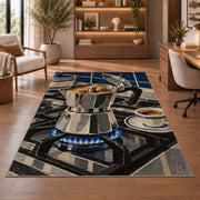 Moka Pot on the Stove rug in a home office with wooden shelves