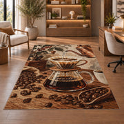 Pour Over Coffee rug in a home office with wooden shelves
