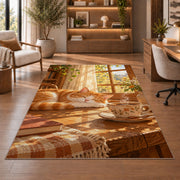 Cat and Morning Coffee rug in a home office with wooden shelves