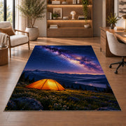 Orange Tent Under the Milky Way rug in a home office with wooden shelves