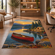 Red Canoe and Tent at Sunrise Lake rug in a home office with wooden shelves