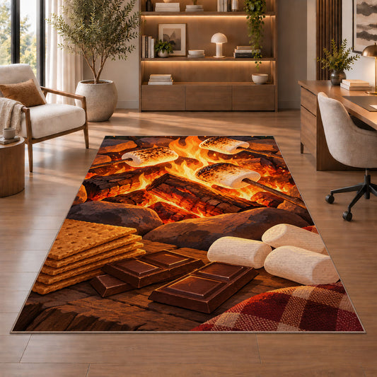 Campfire S'mores rug in a home office with wooden shelves