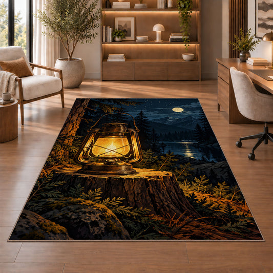 Vintage Camping Lantern rug in a home office with wooden shelves