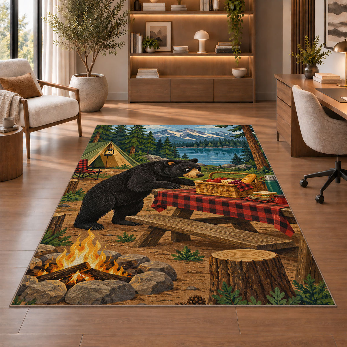 Black Bear Campsite Picnic rug in a home office with wooden shelves